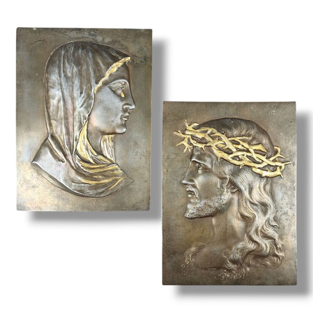 Holy Mother Mary and Jesus Bronze Plaque Set French Catholic Religious Wall Icon